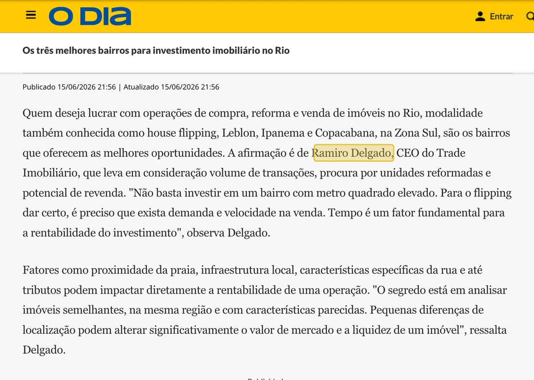 Matéria do jornal O Dia sobre os melhores bairros para investimento imobiliário no Rio, citando Ramiro Delgado